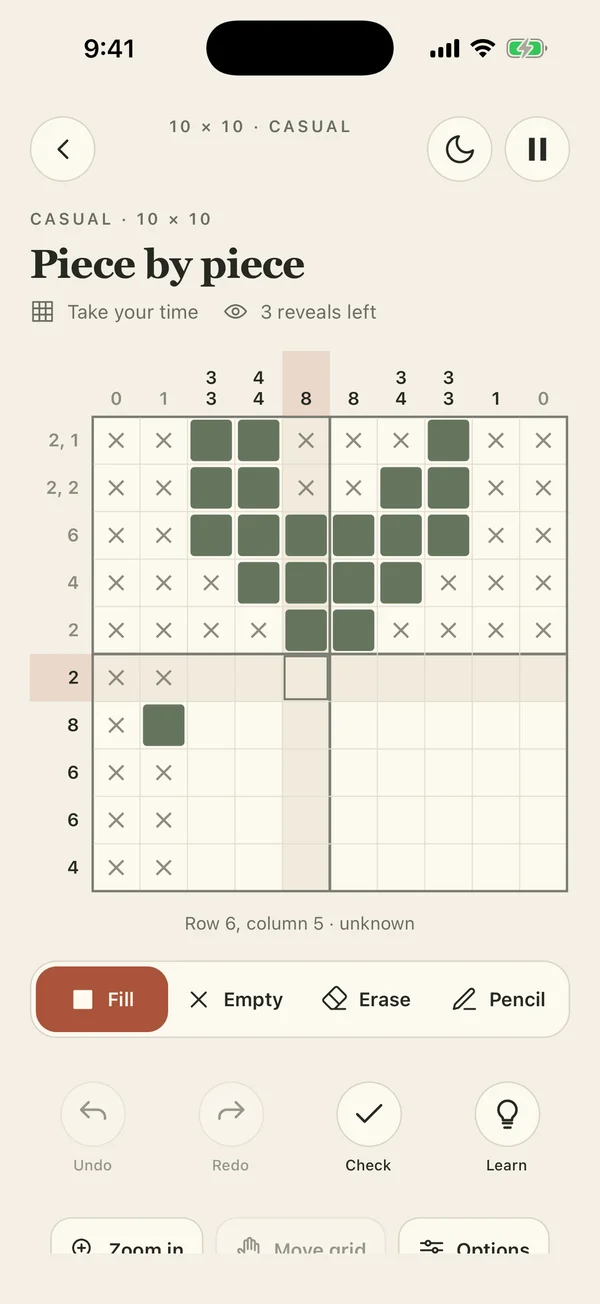 The upcoming Full Picture mobile app, with number clues, fill controls and a Learn hint